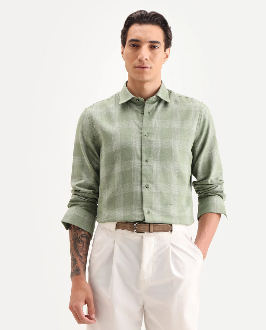 Rare Rabbit Men's Sovie Olive Cotton Blend Fabric Spread Collar Regular Fit Checked Shirt