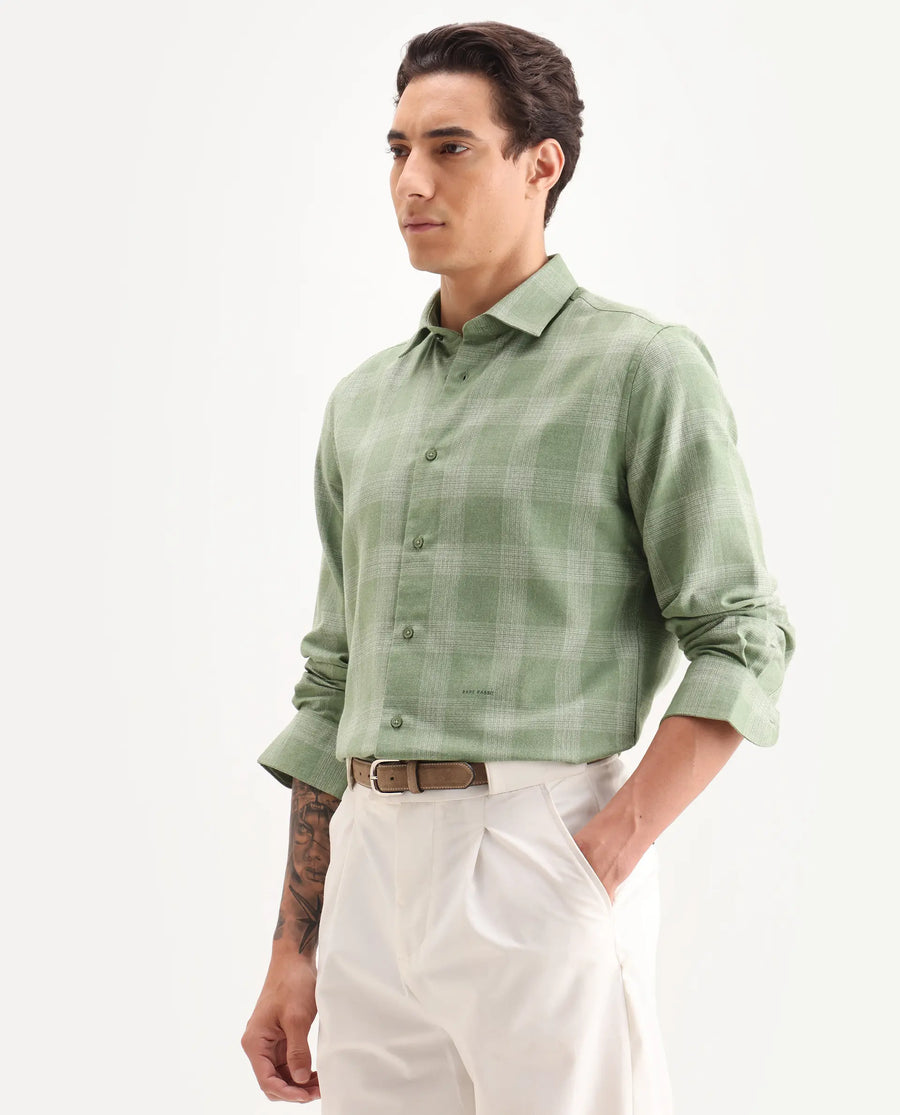 Rare Rabbit Men's Sovie Olive Cotton Blend Fabric Spread Collar Regular Fit Checked Shirt