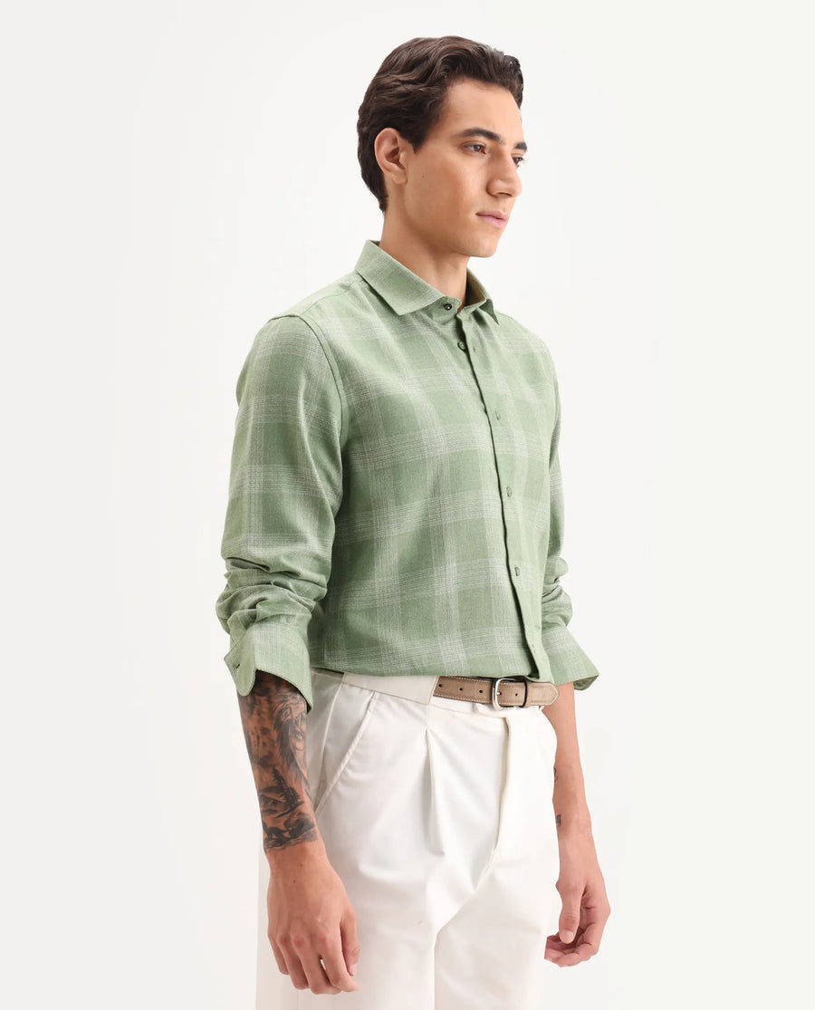 Rare Rabbit Men's Sovie Olive Cotton Blend Fabric Spread Collar Regular Fit Checked Shirt