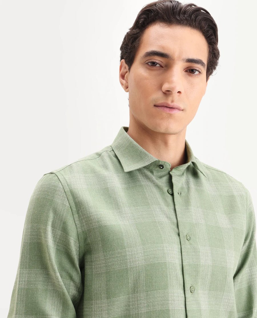 Rare Rabbit Men's Sovie Olive Cotton Blend Fabric Spread Collar Regular Fit Checked Shirt