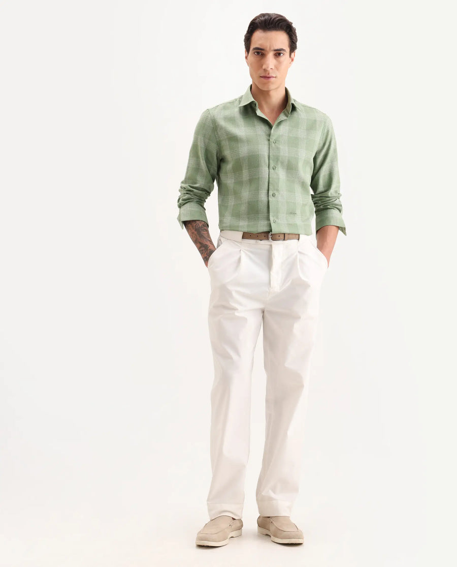 Rare Rabbit Men's Sovie Olive Cotton Blend Fabric Spread Collar Regular Fit Checked Shirt