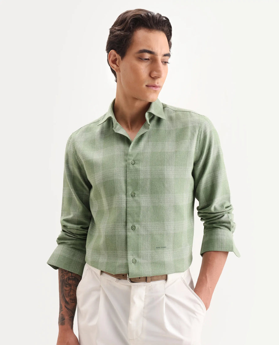 Rare Rabbit Men's Sovie Olive Cotton Blend Fabric Spread Collar Regular Fit Checked Shirt