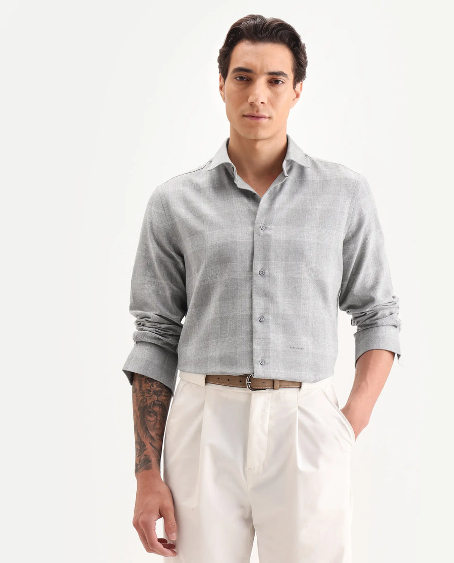 Rare Rabbit Men's Sovie Dark Grey Cotton Blend Fabric Spread Collar Regular Fit Checked Shirt