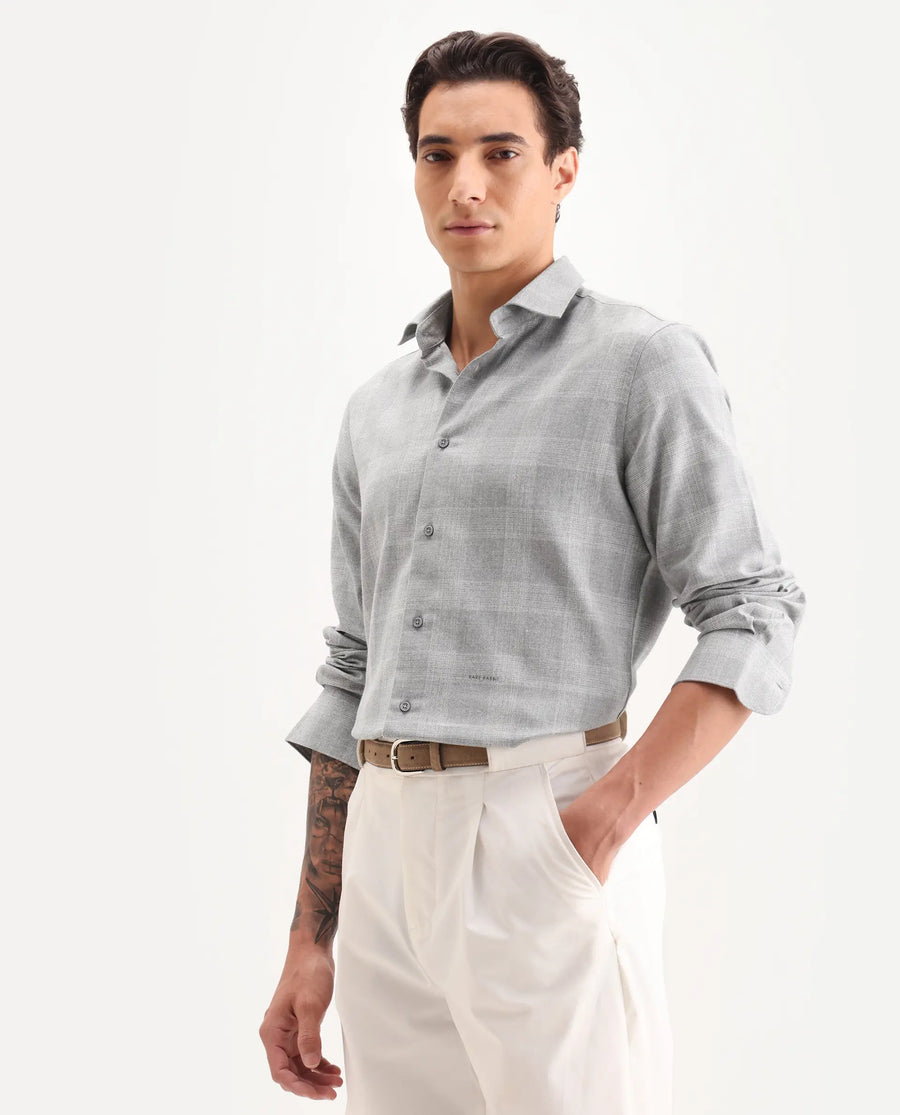 Rare Rabbit Men's Sovie Dark Grey Cotton Blend Fabric Spread Collar Regular Fit Checked Shirt
