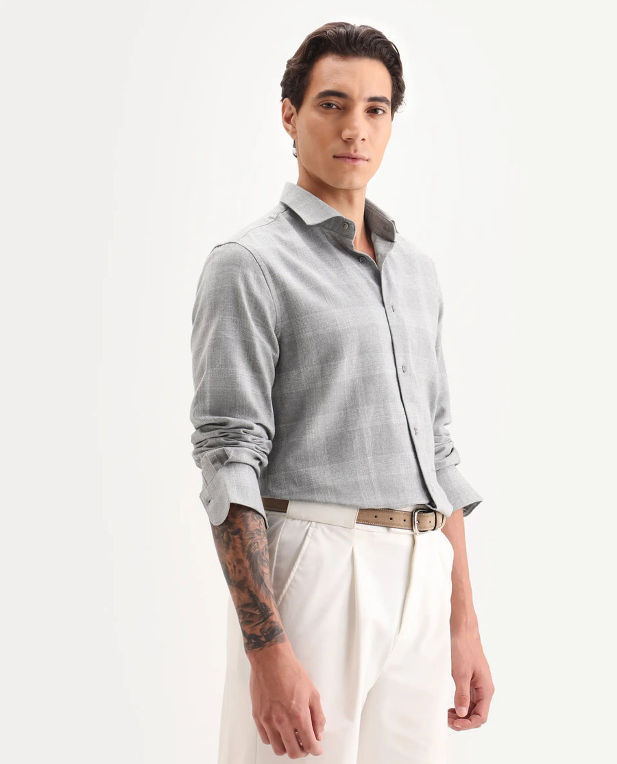 Rare Rabbit Men's Sovie Dark Grey Cotton Blend Fabric Spread Collar Regular Fit Checked Shirt