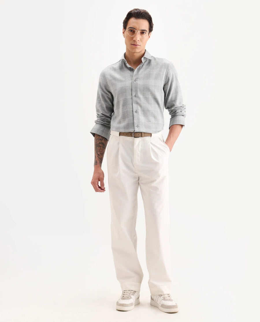 Rare Rabbit Men's Sovie Dark Grey Cotton Blend Fabric Spread Collar Regular Fit Checked Shirt