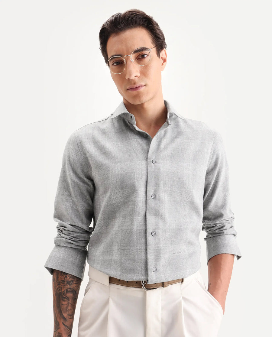 Rare Rabbit Men's Sovie Dark Grey Cotton Blend Fabric Spread Collar Regular Fit Checked Shirt