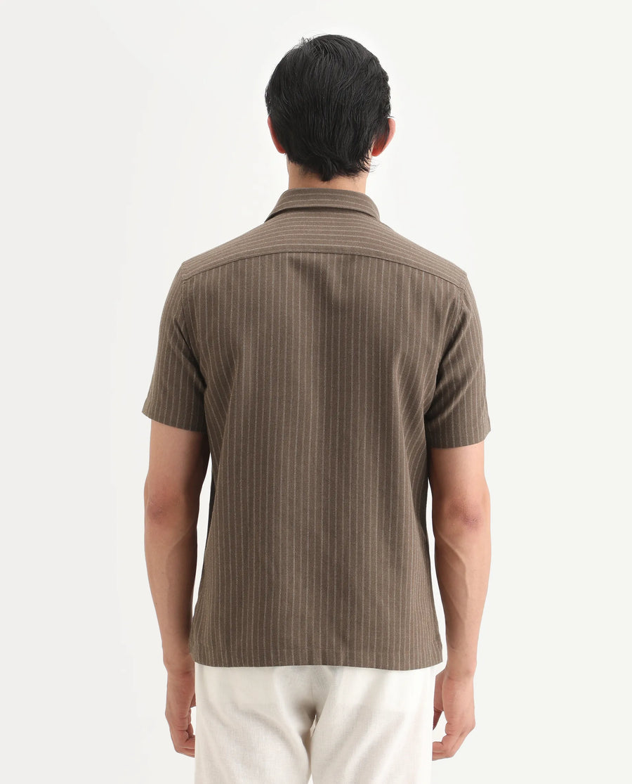 Rare Rabbit Men's Elkie Brown Cotton Blend Fabric Spread Collar Regular Striped Shirt