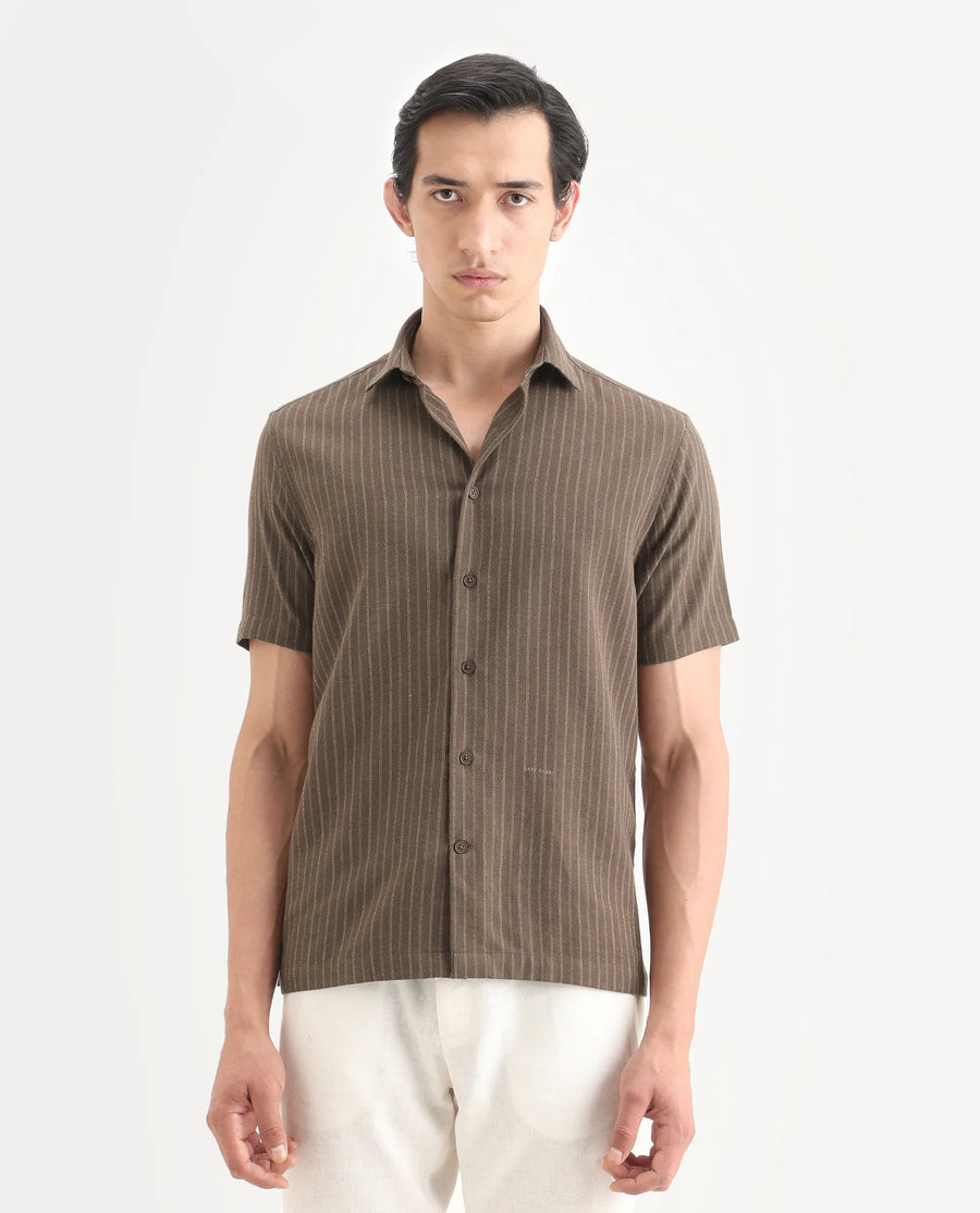 Rare Rabbit Men's Elkie Brown Cotton Blend Fabric Spread Collar Regular Striped Shirt