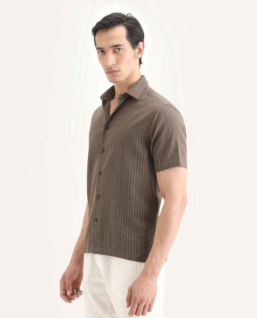 Rare Rabbit Men's Elkie Brown Cotton Blend Fabric Spread Collar Regular Striped Shirt