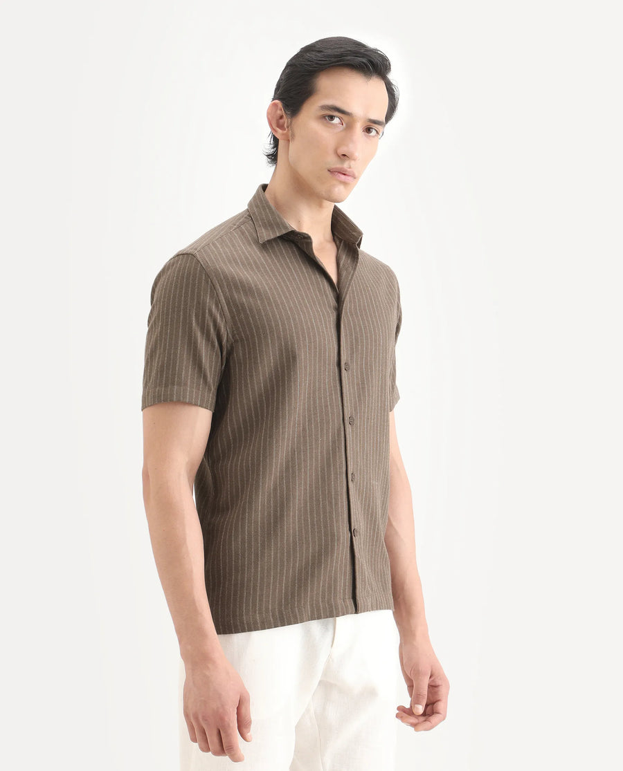 Rare Rabbit Men's Elkie Brown Cotton Blend Fabric Spread Collar Regular Striped Shirt