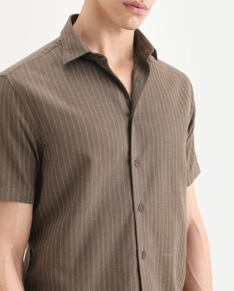 Rare Rabbit Men's Elkie Brown Cotton Blend Fabric Spread Collar Regular Striped Shirt