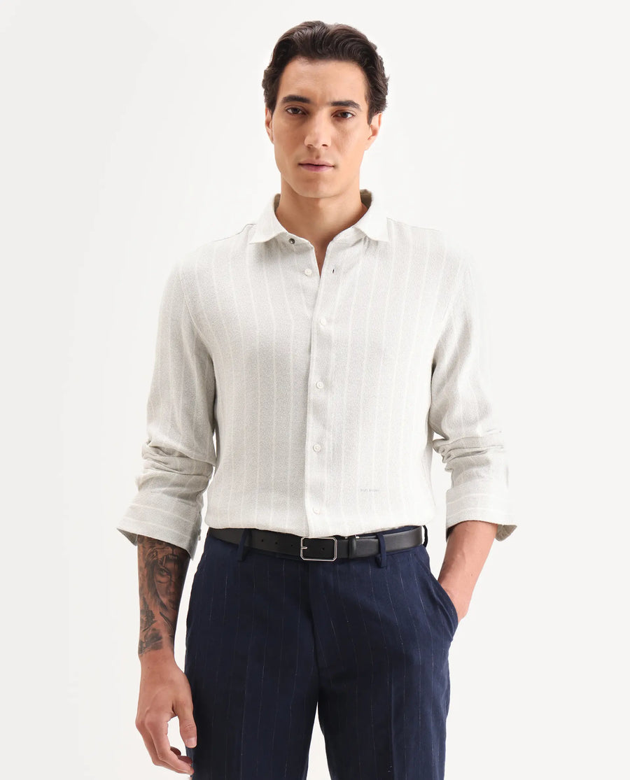 Rare Rabbit Men's Vico Off White Cotton Blend Fabric Spread Collar Regular Fit Striped Shirt