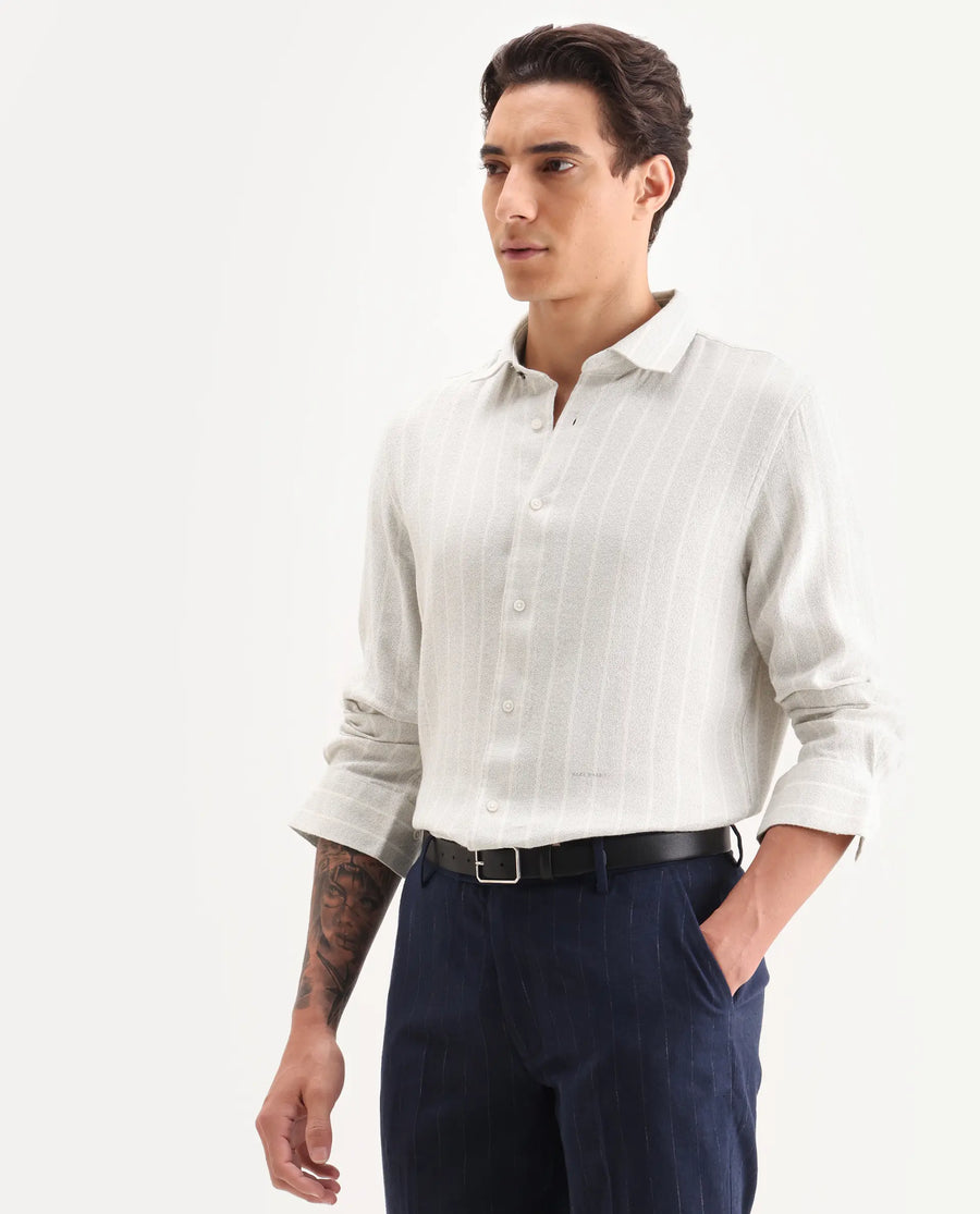 Rare Rabbit Men's Vico Off White Cotton Blend Fabric Spread Collar Regular Fit Striped Shirt