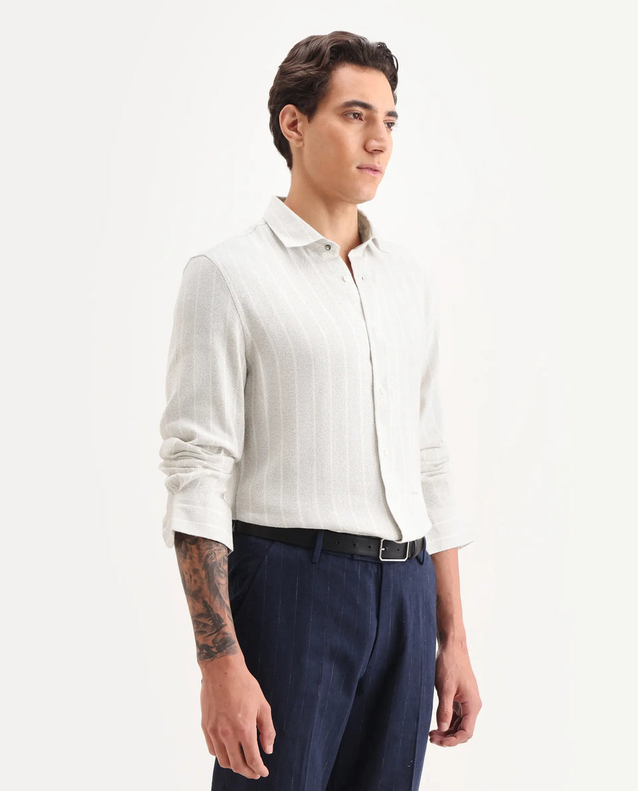 Rare Rabbit Men's Vico Off White Cotton Blend Fabric Spread Collar Regular Fit Striped Shirt