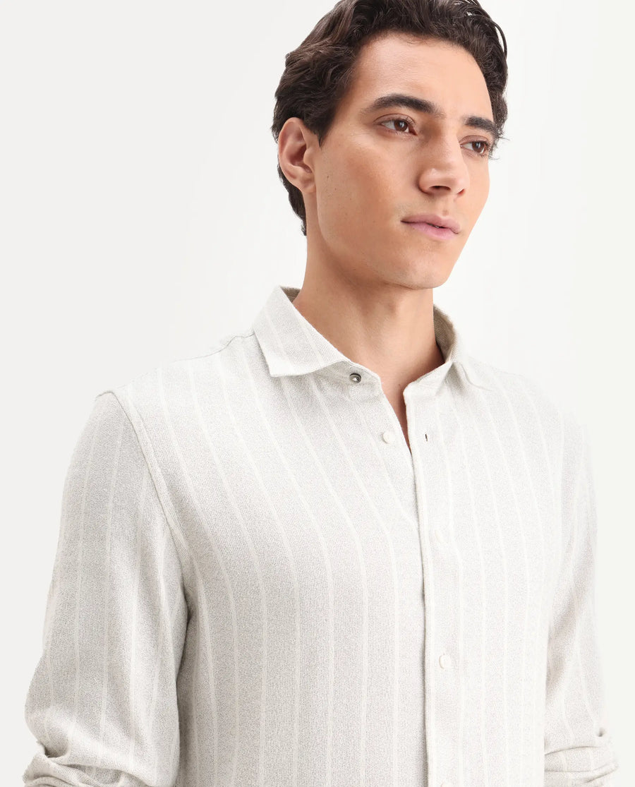 Rare Rabbit Men's Vico Off White Cotton Blend Fabric Spread Collar Regular Fit Striped Shirt