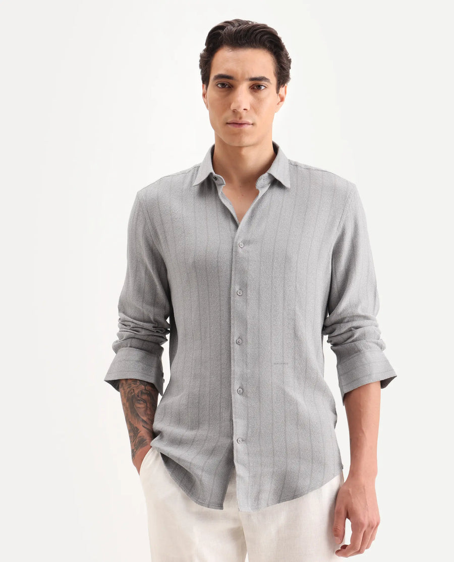 Rare Rabbit Men's Vico Grey Cotton Blend Fabric Spread Collar Regular Striped Shirt
