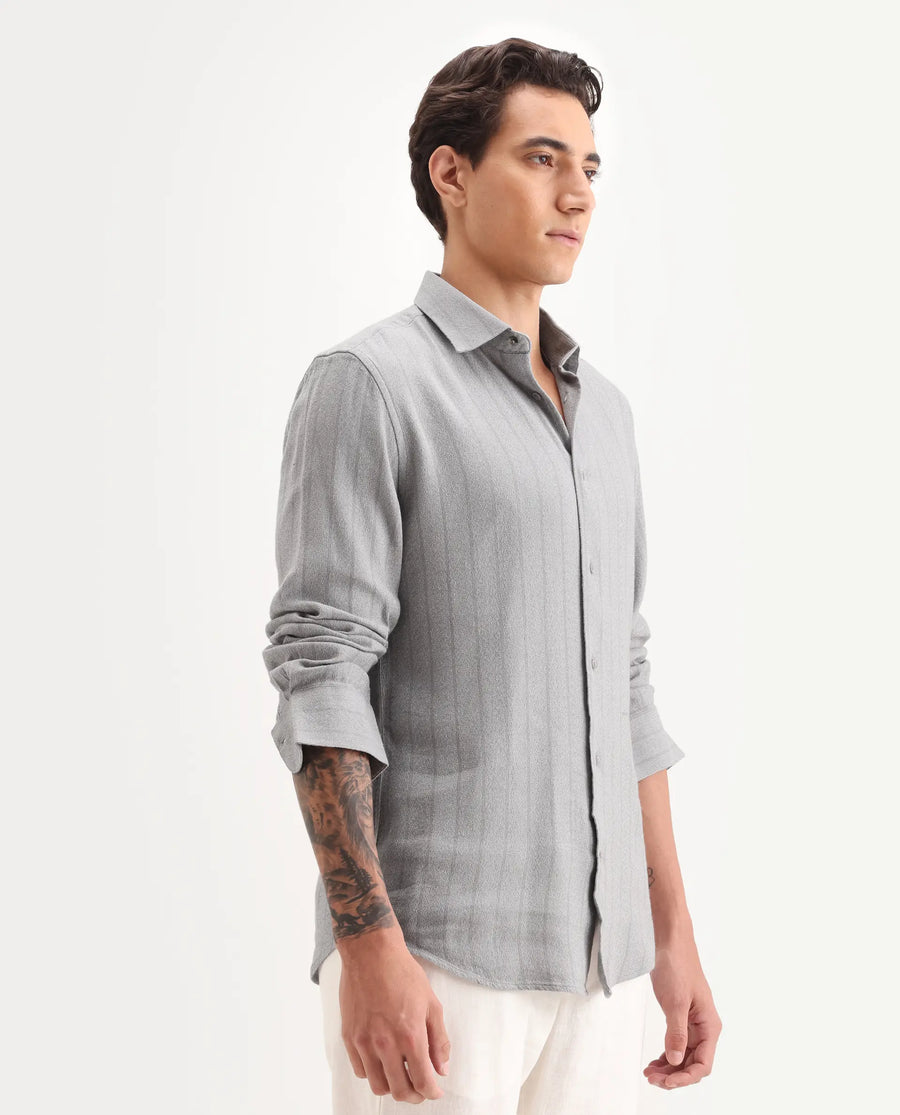 Rare Rabbit Men's Vico Grey Cotton Blend Fabric Spread Collar Regular Striped Shirt