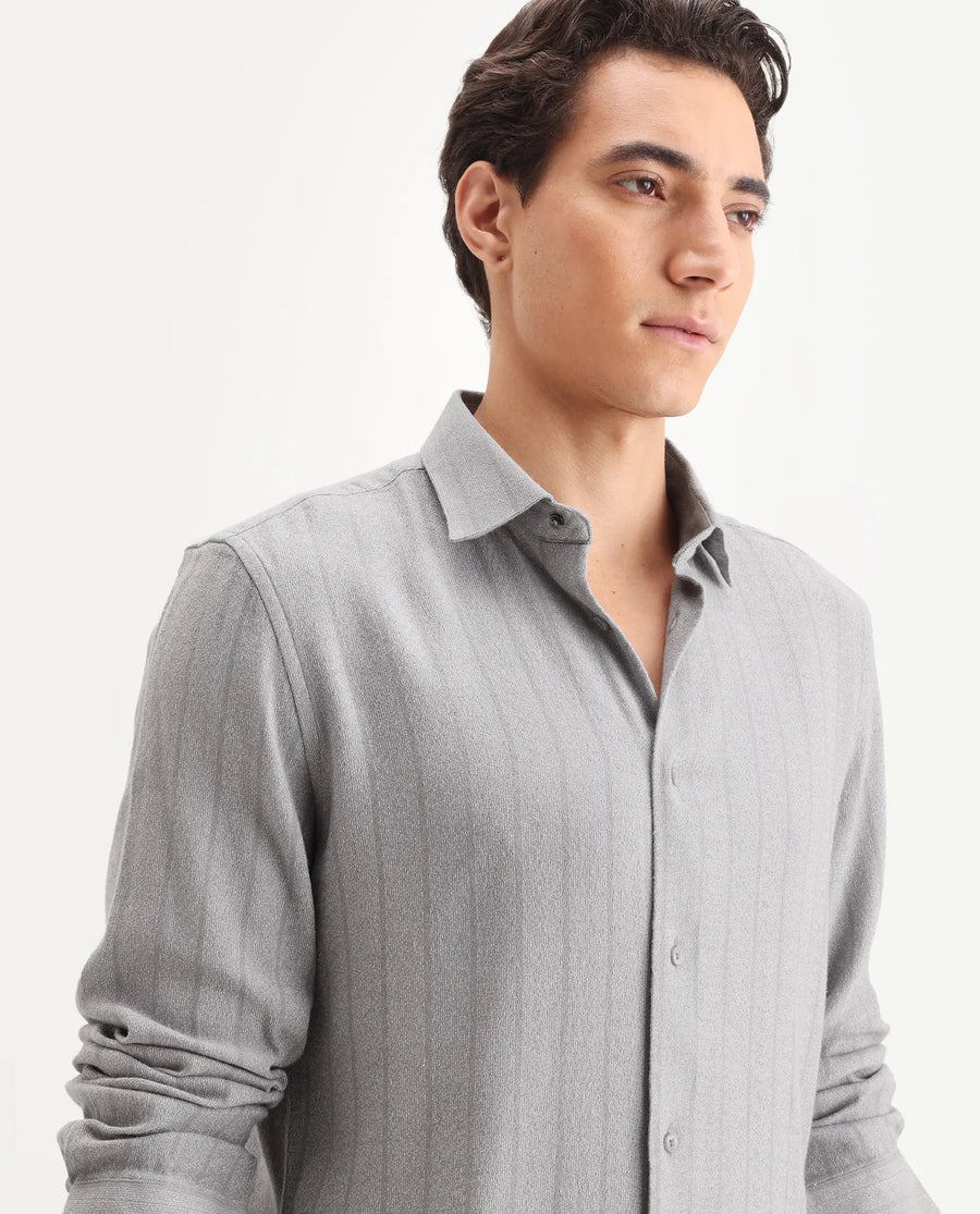 Rare Rabbit Men's Vico Grey Cotton Blend Fabric Spread Collar Regular Striped Shirt