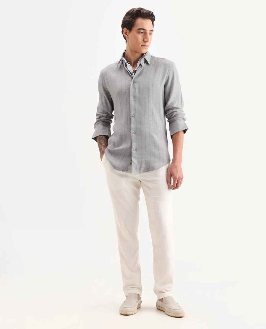 Rare Rabbit Men's Vico Grey Cotton Blend Fabric Spread Collar Regular Striped Shirt