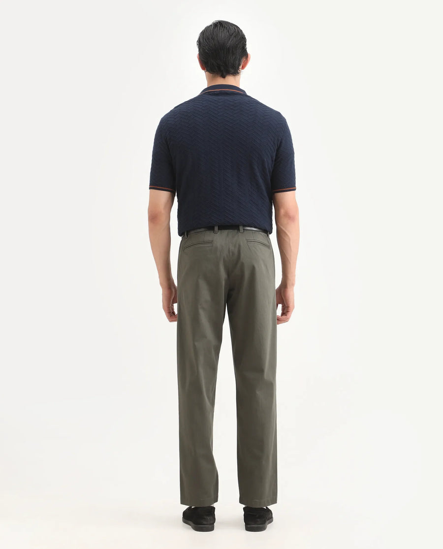 Rare Rabbit Men's Parga Olive Cotton Blend Fabric Regular Fit Plain Trouser