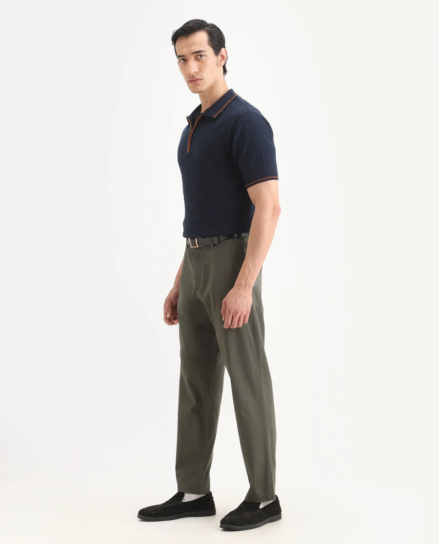 Rare Rabbit Men's Parga Olive Cotton Blend Fabric Regular Fit Plain Trouser