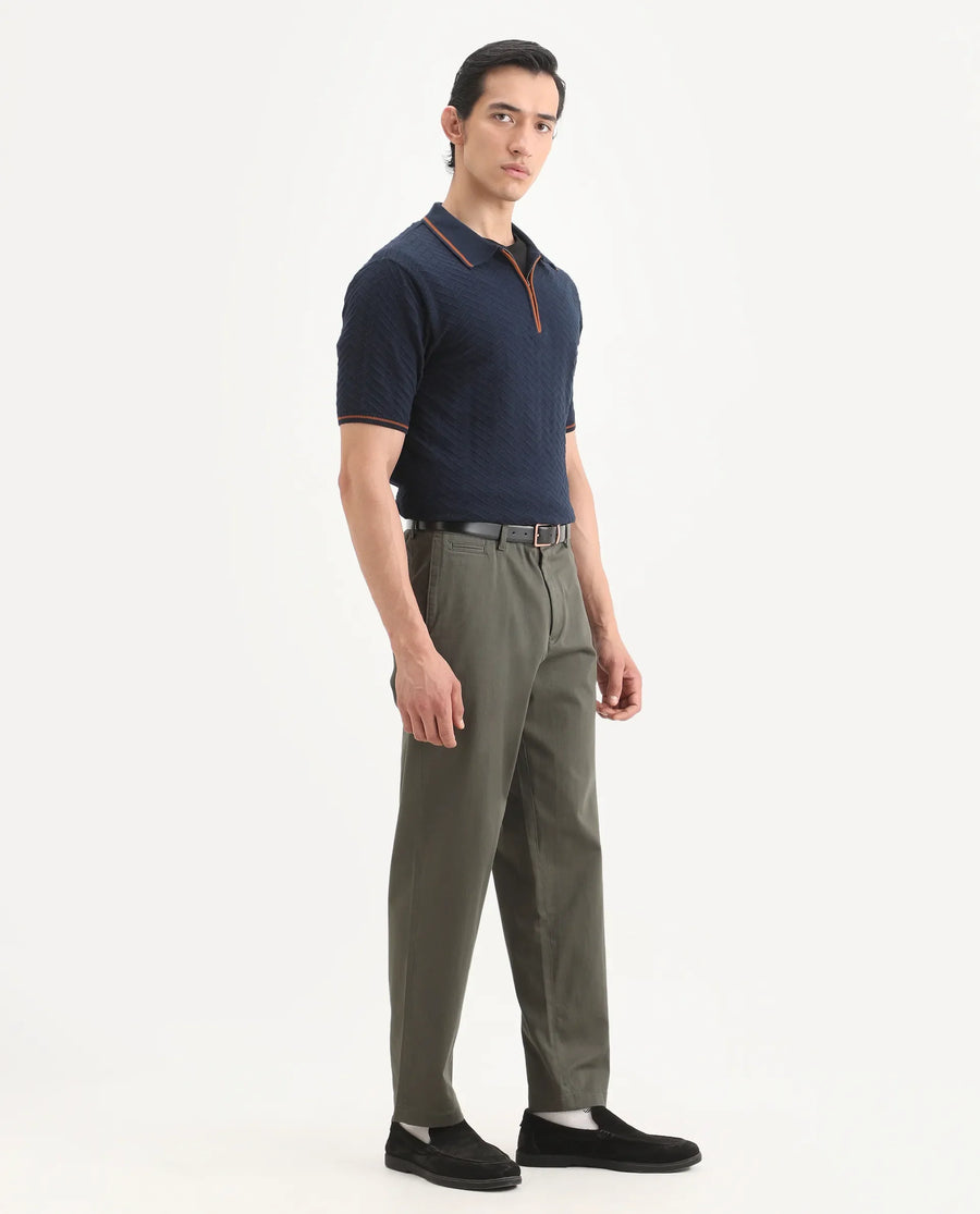 Rare Rabbit Men's Parga Olive Cotton Blend Fabric Regular Fit Plain Trouser