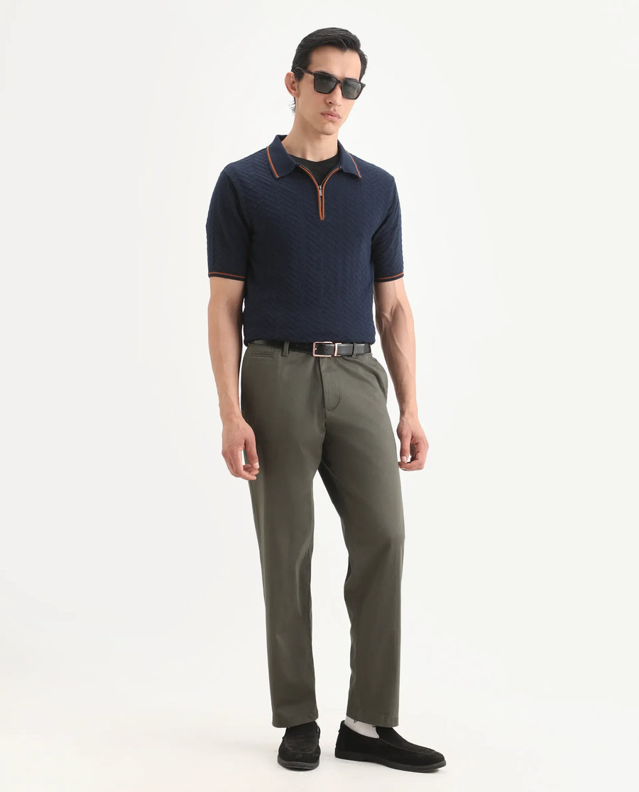 Rare Rabbit Men's Parga Olive Cotton Blend Fabric Regular Fit Plain Trouser