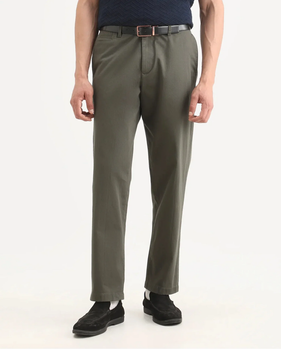 Rare Rabbit Men's Parga Olive Cotton Blend Fabric Regular Fit Plain Trouser