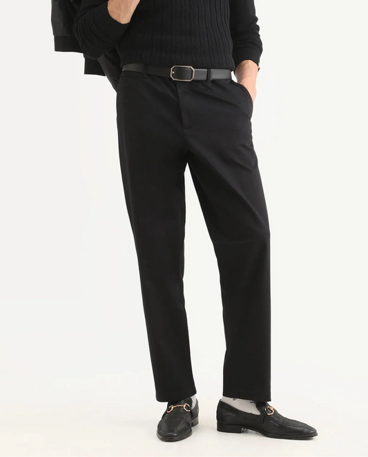 Rare Rabbit Men's Parga Black Cotton Blend Fabric Regular Fit Plain Trouser
