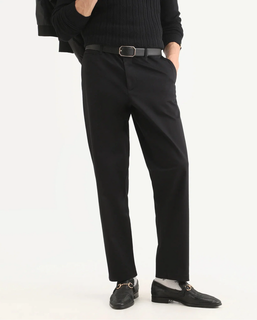 Rare Rabbit Men's Parga Black Cotton Blend Fabric Regular Fit Plain Trouser