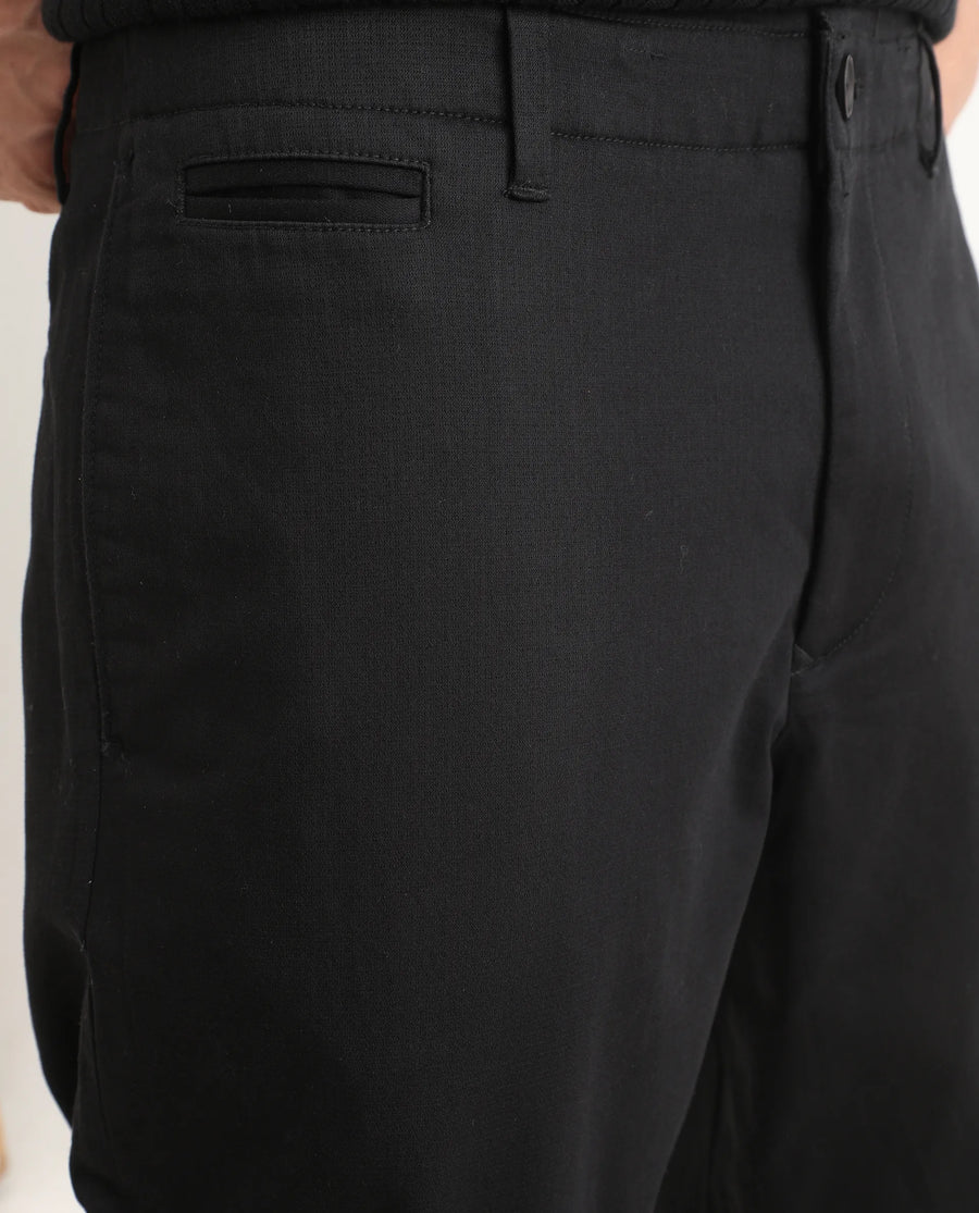 Rare Rabbit Men's Parga Black Cotton Blend Fabric Regular Fit Plain Trouser