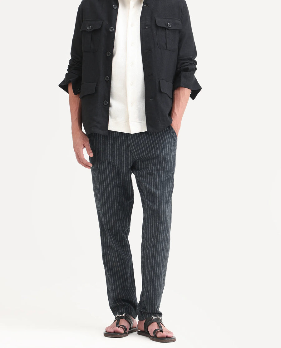 Rare Rabbit Men's Elkie-B Dark Grey Cotton Blend Fabric Straight Fit Striped Trouser