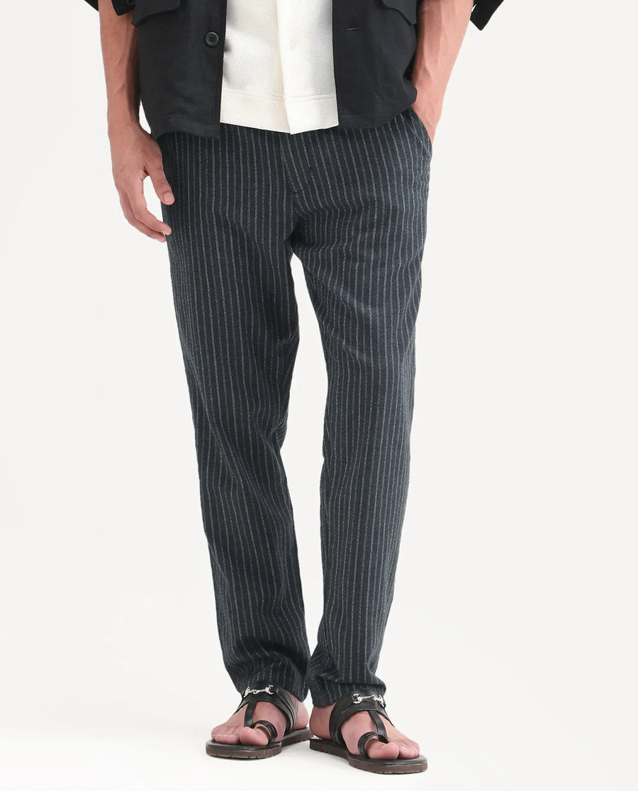 Rare Rabbit Men's Elkie-B Dark Grey Cotton Blend Fabric Straight Fit Striped Trouser