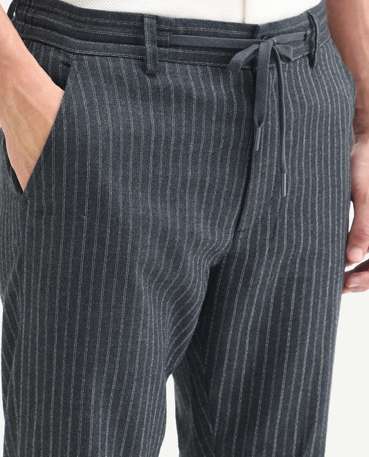 Rare Rabbit Men's Elkie-B Dark Grey Cotton Blend Fabric Straight Fit Striped Trouser