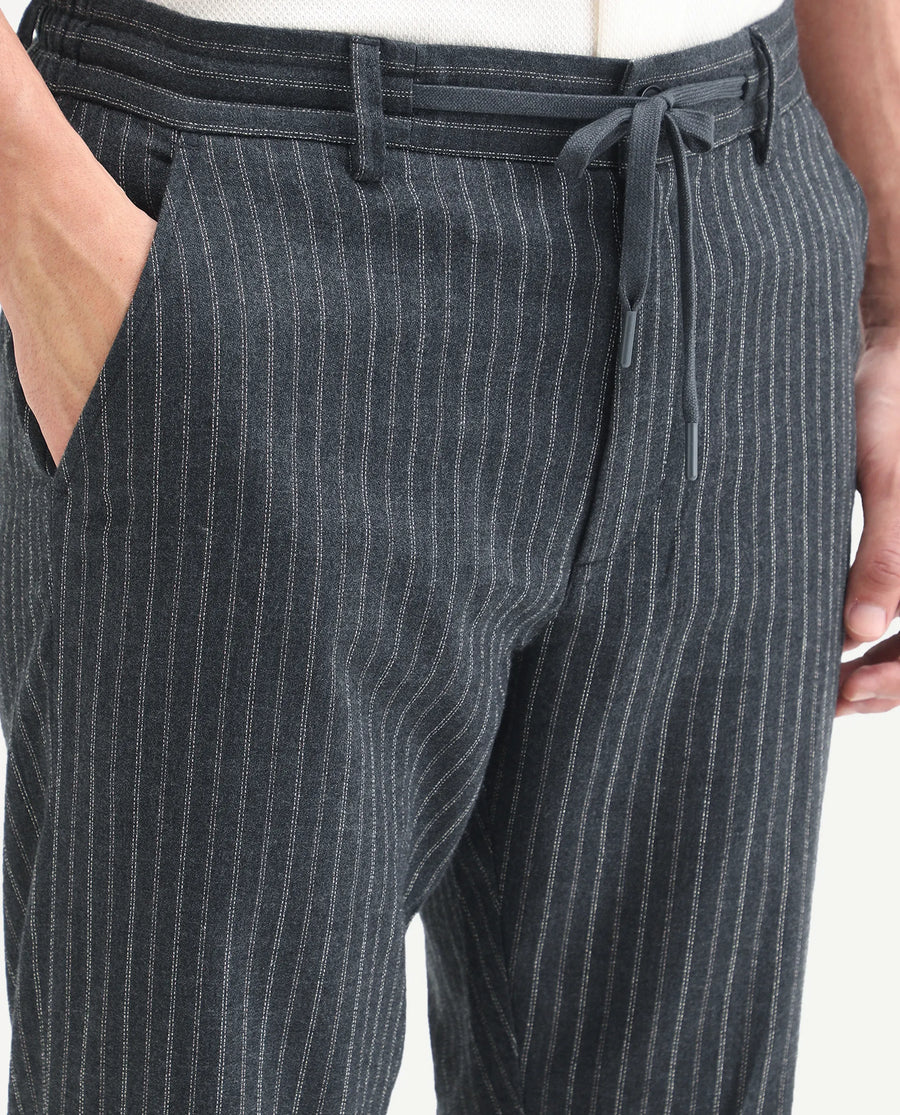 Rare Rabbit Men's Elkie-B Dark Grey Cotton Blend Fabric Straight Fit Striped Trouser