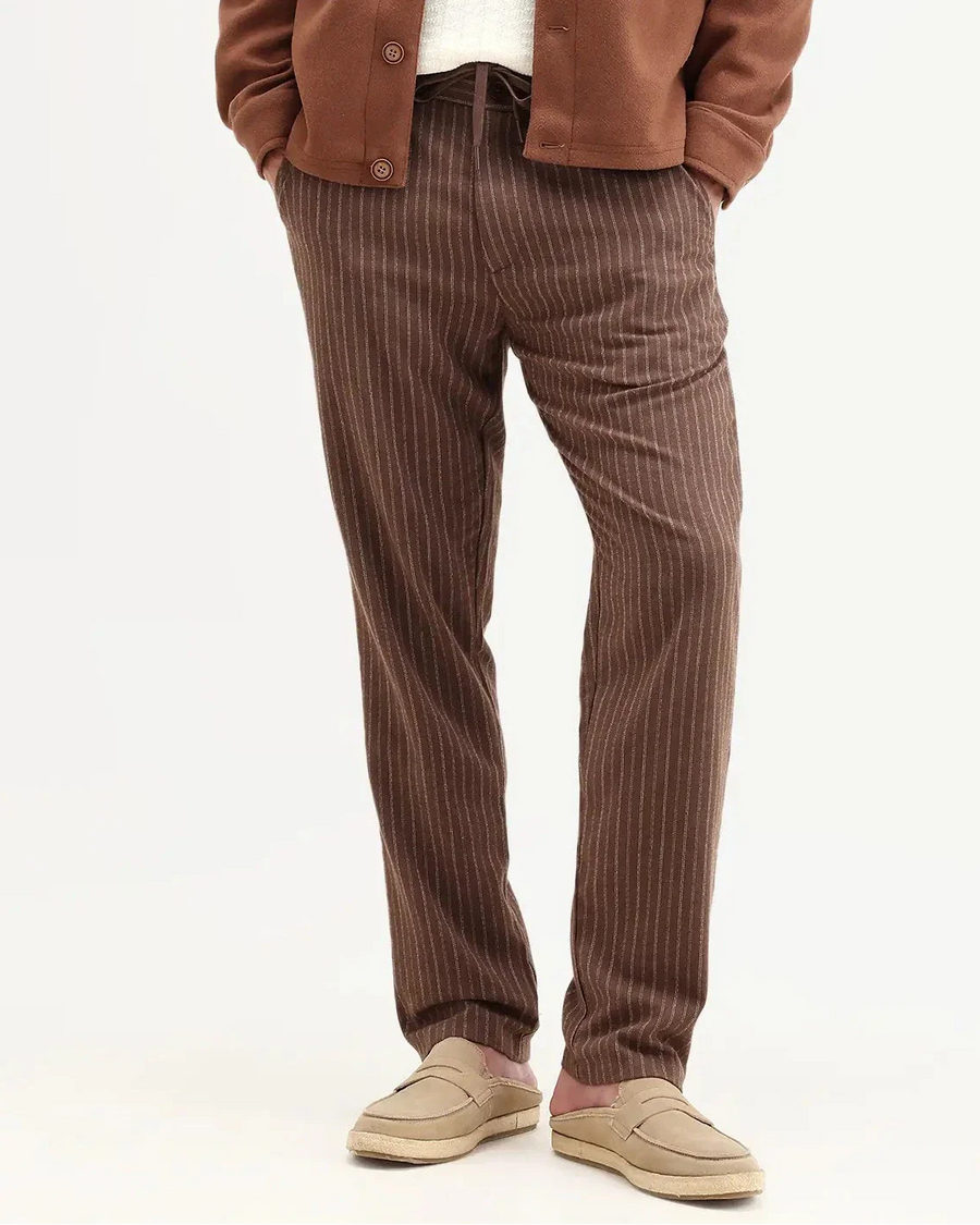 Rare Rabbit Men's Elkie-B Brown Cotton Blend Fabric Straight Fit Striped Trouser