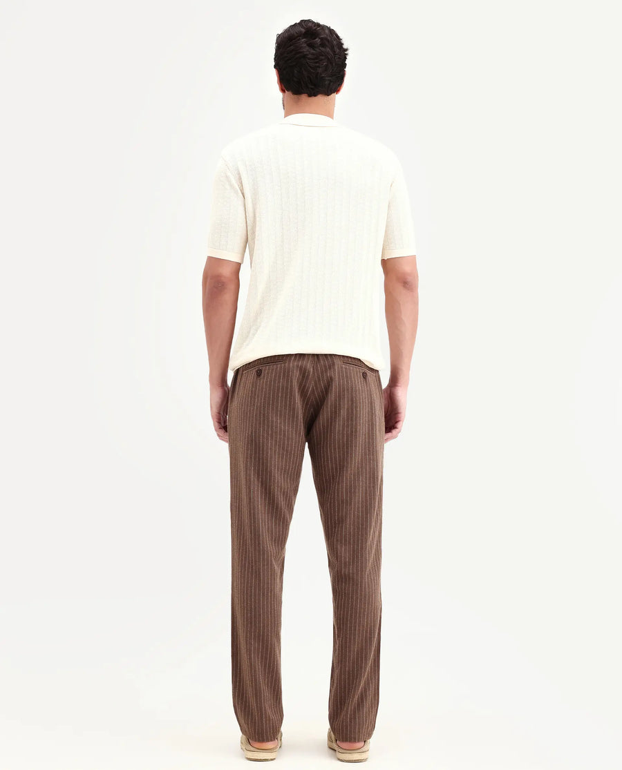 Rare Rabbit Men's Elkie-B Brown Cotton Blend Fabric Straight Fit Striped Trouser