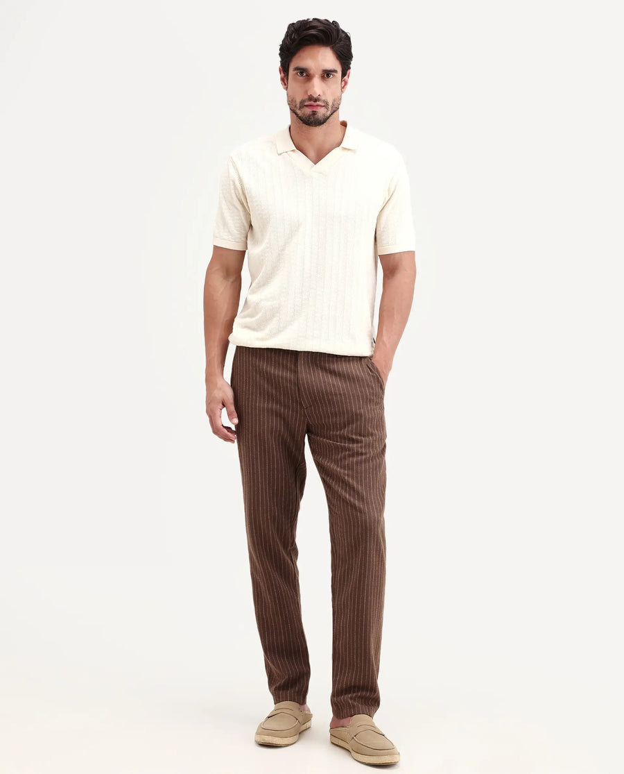 Rare Rabbit Men's Elkie-B Brown Cotton Blend Fabric Straight Fit Striped Trouser