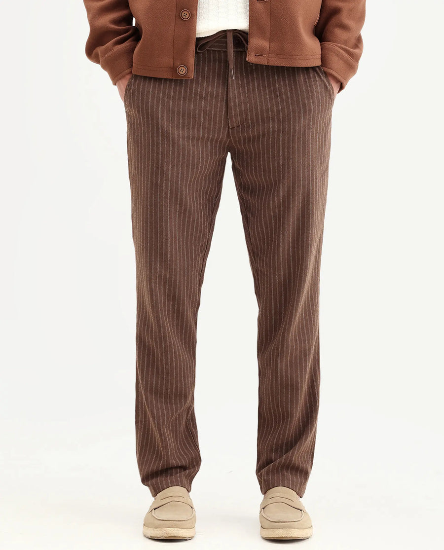 Rare Rabbit Men's Elkie-B Brown Cotton Blend Fabric Straight Fit Striped Trouser