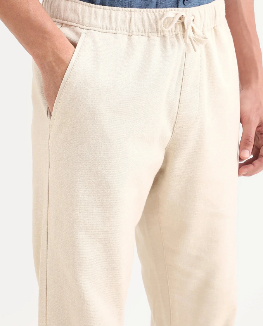 Rare Rabbit Men's Pluk Beige Cotton Blend Fabric Regular Fit Plain Trouser