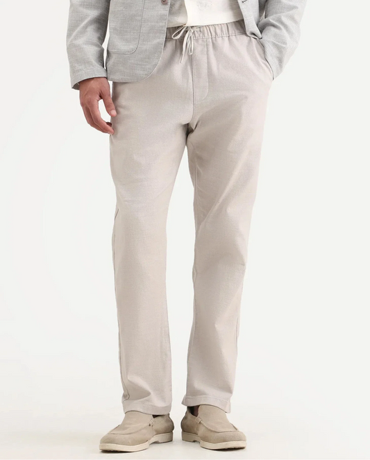 Rare Rabbit Men's Pluk Light Grey Cotton Blend Fabric Regular Fit Plain Trouser