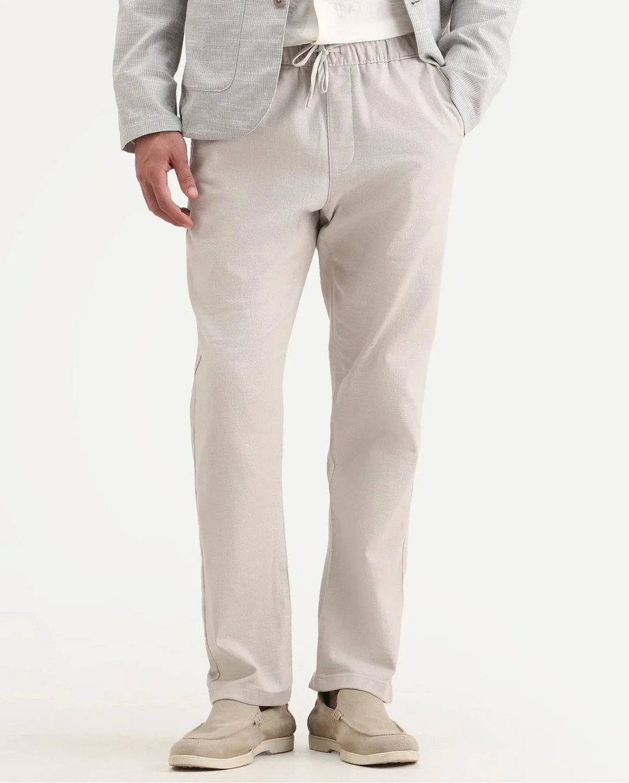 Rare Rabbit Men's Pluk Light Grey Cotton Blend Fabric Regular Fit Plain Trouser
