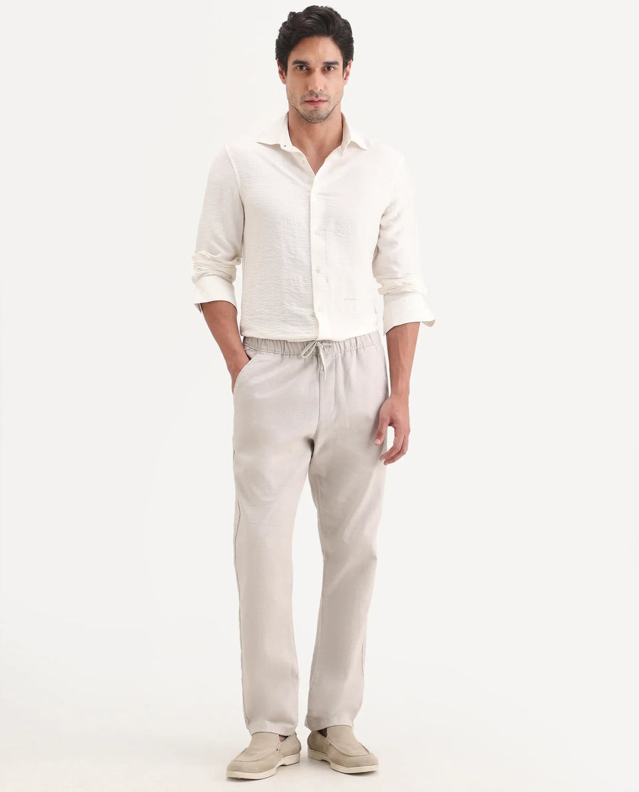 Rare Rabbit Men's Pluk Light Grey Cotton Blend Fabric Regular Fit Plain Trouser