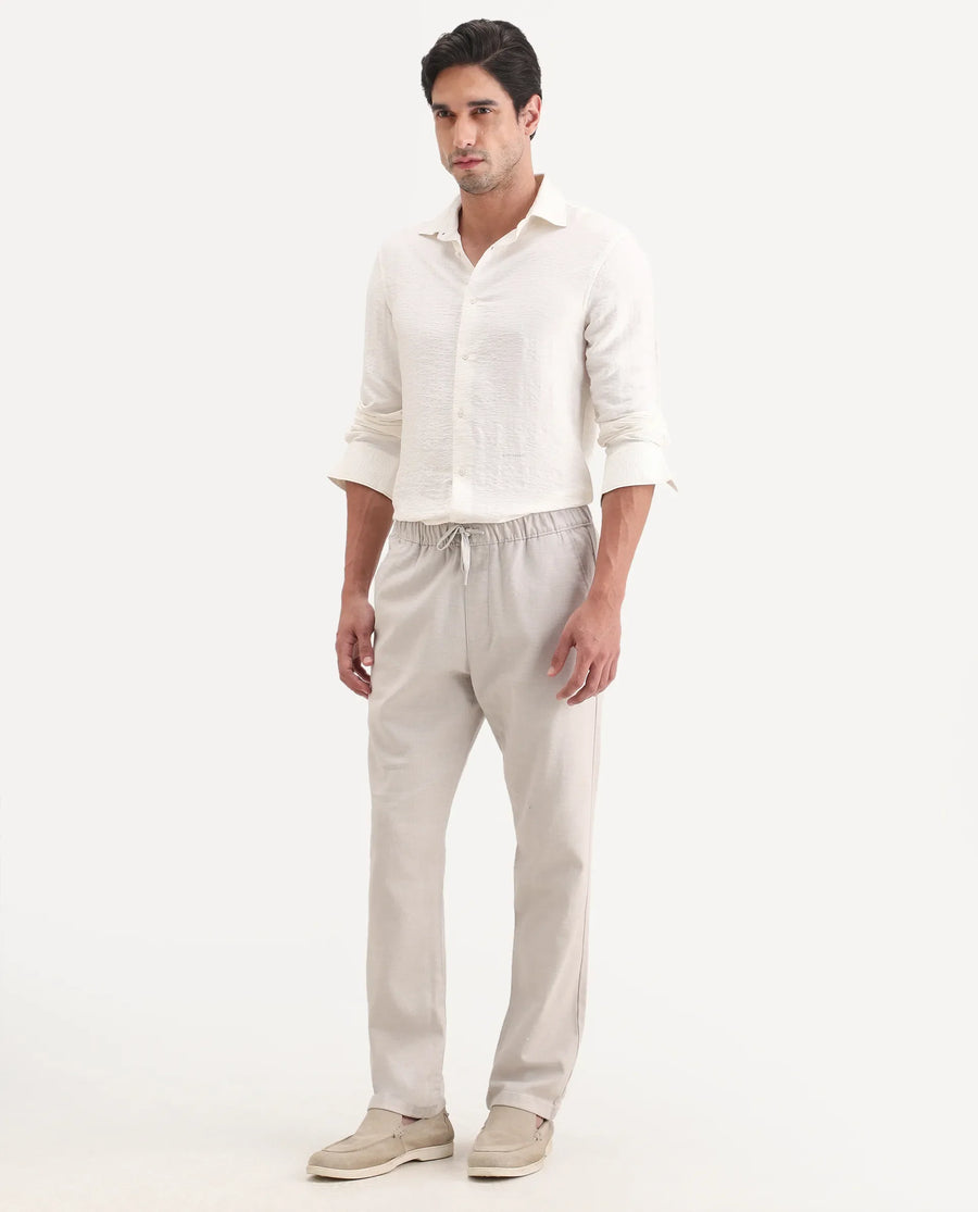 Rare Rabbit Men's Pluk Light Grey Cotton Blend Fabric Regular Fit Plain Trouser