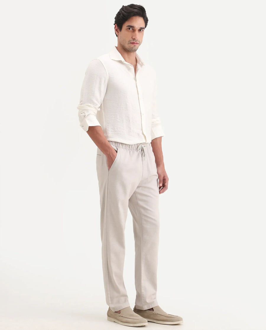 Rare Rabbit Men's Pluk Light Grey Cotton Blend Fabric Regular Fit Plain Trouser
