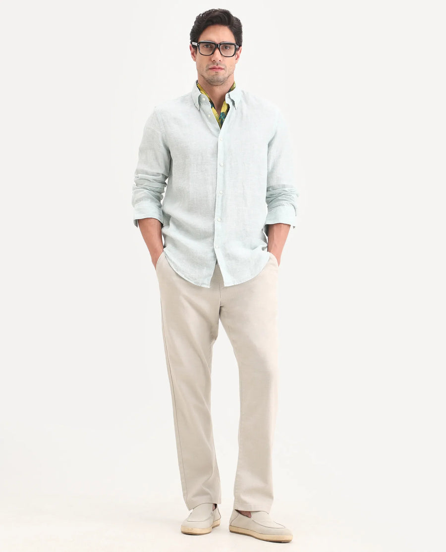 Rare Rabbit Men's Pluk Dusky Green Cotton Blend Fabric Regular Fit Plain Trouser