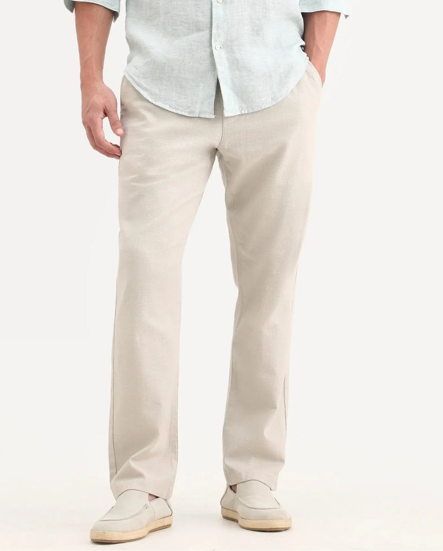 Rare Rabbit Men's Pluk Dusky Green Cotton Blend Fabric Regular Fit Plain Trouser