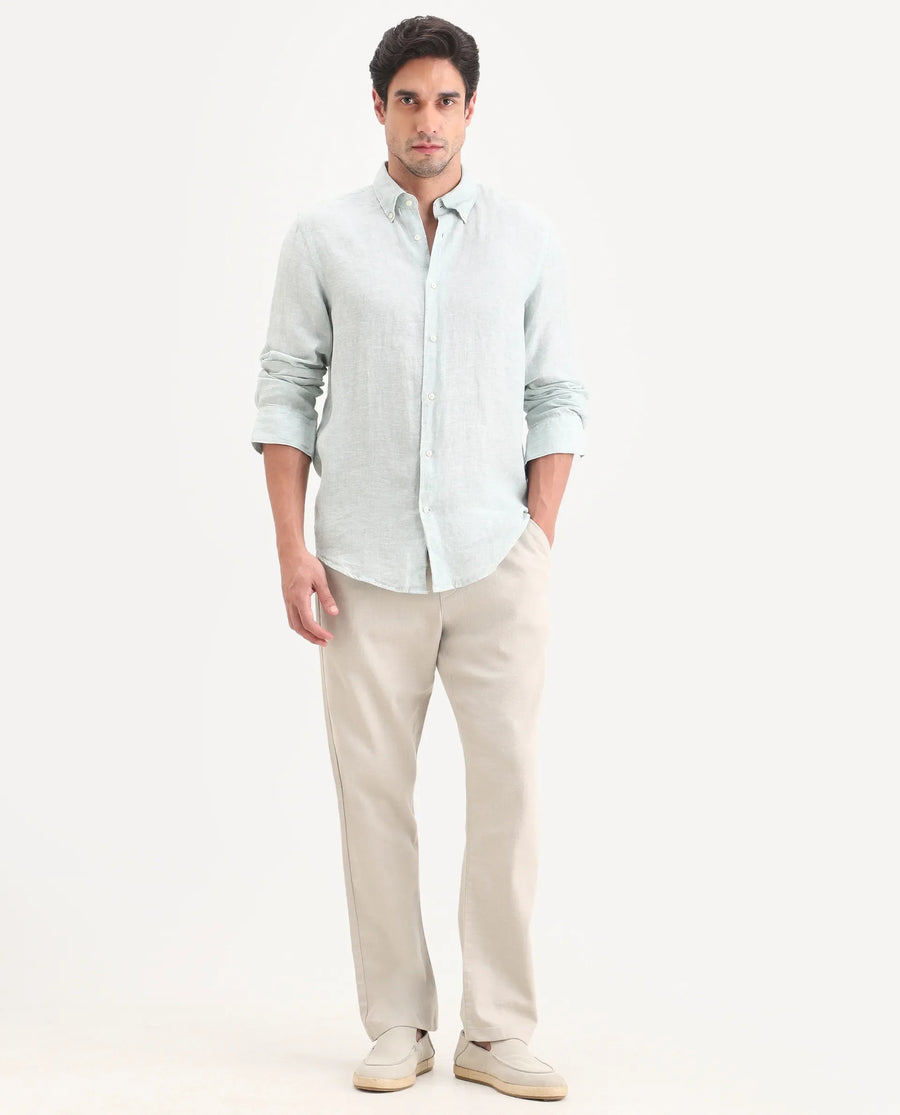 Rare Rabbit Men's Pluk Dusky Green Cotton Blend Fabric Regular Fit Plain Trouser