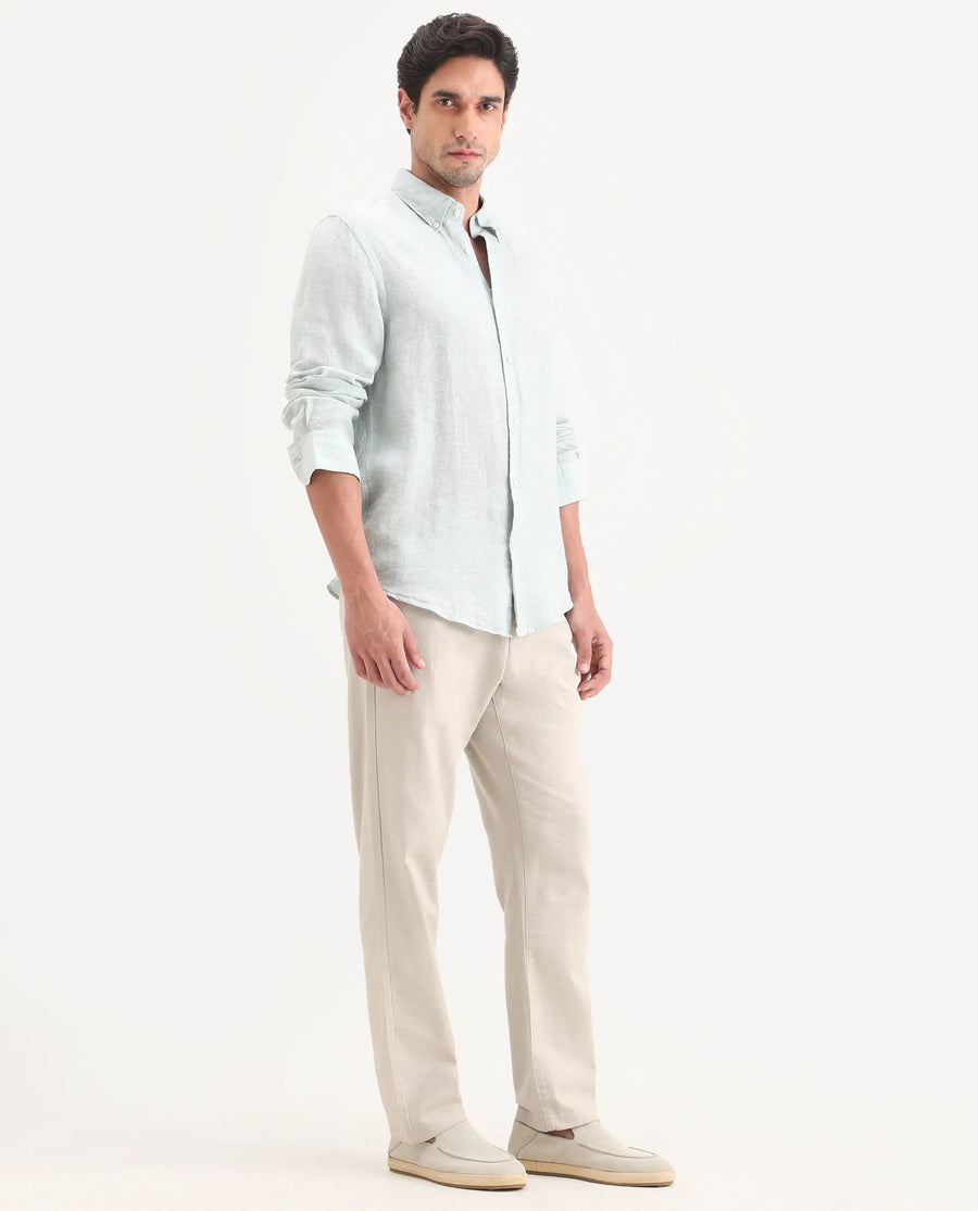 Rare Rabbit Men's Pluk Dusky Green Cotton Blend Fabric Regular Fit Plain Trouser